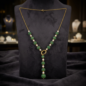 Collier personnalisé en laiton italien plaqué rhodium avec perles cannelées en jade vert et imitation perle, chaîne lariat fine pour femme, luxe - Product Image 6