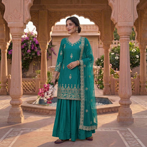Salwar Kameez Verde Turquesa Bordado, Vestido Tradicional para Mujer, para Bodas y Fiestas, Crepé con Dupatta de Red, Largo hasta la Rodilla, Secado Rápido - Product Image 1