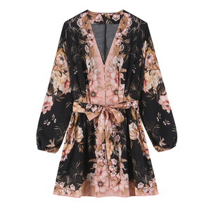 Maßgeschneidertes 2026 Damenkleid mit V-Ausschnitt, Taillenbindung, Langen Ärmeln und Blumenmuster, Europäischer Stil Großhandel OEM ODM China Fabrik Vintage-Kleid - Product Image 1