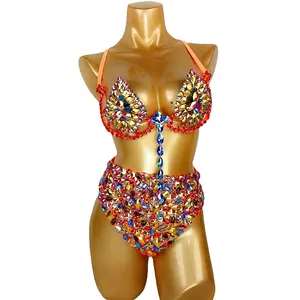 Samba Karnaval Kostum untuk Wanita Seksi Kawat Bra Top Celana Pinggang Tinggi 2Pcs Set AB Warna Batu untuk Pesta Rave Menari Clubwear