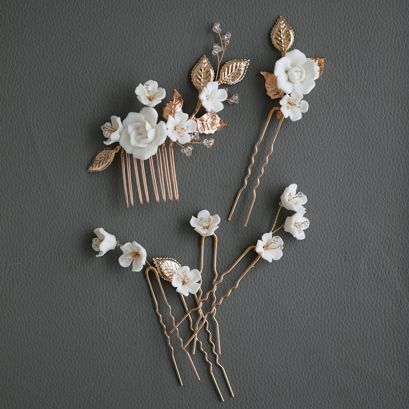 Handmade Wedding Hair Comb Set with Crystal Flowers and Gold Leaves Amazon.com : Gorais Crystal Bride Wedding Hair Combs Gold  main image 4