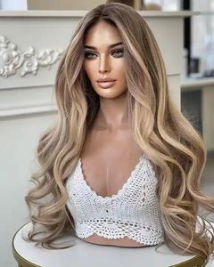 Perruques en cheveux humains vierges avec <span class=keywords><strong>frange</strong></span> longue, coupe en couches ondulée avec mèches blondes, raie au milieu, cuticules alignées, transparentes HD - Product Image 3