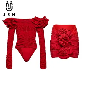 JSN 2023 제조 업체 수영복 3D 꽃 긴 소매 여성 수영복과 치마 밀어 비키니 여름 비치웨어 수영복