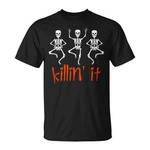 T-shirt Halloween squelette dansant, design Killin It, col rond noir, taille adulte - Product Image 1