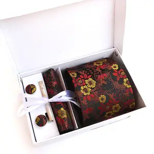 Boutons de manchette carrés en Polyester pour hommes, nouvelle collection tendance, collection, ensemble de cravate motif Floral, avec boîte à cadeau