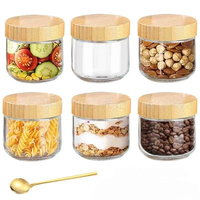 Wadah Kedap Udara Persegi Panjang 16oz dengan Tutup Kayu Bambu, Serbaguna untuk Yogurt, Kacang, Sereal, Stoples Penyimpanan Kaca