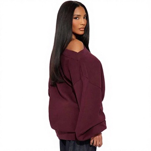 Sweat-shirt oversize pour femme, couleur bordeaux, épaules tombantes, avec poches, design asymétrique, col rond, tricot en coton, vêtements d'automne - Product Image 1