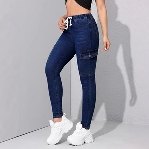 Jean en denim extensible à taille élastique avec cordon de serrage pour femme - Pantalon skinny fuselé moulant, décontracté pour l'été, vente chaude - Product Image 2