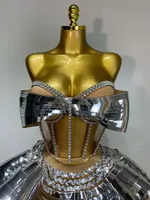 Ensemble deux pièces pour spectacle, tenue dos nu en sequins argentés et strass pour femmes, robes de fête d'anniversaire