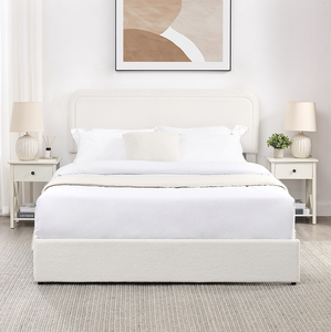 Modern Queen Size Ivory Boucle Upholstery Platform <b>Bed</b> 4-Drawer Storage Curved Stitched Tufted Headboard Wood Frame Adjustable - Product Image 2