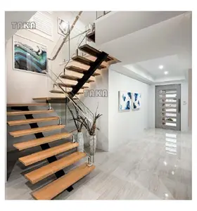 低最小起订量1套定制设计木梯和玻璃栏杆室内直楼梯