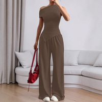 Ensemble deux pièces tendance pour femme : débardeur uni sans manches et pantalon long en polyester et élasthanne – Idéal pour club ou tenue décontractée sexy