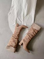 Bottes d'équitation d'hiver à talon épais en cuir véritable, à bout pointu, montantes jusqu'au genou, à enfiler