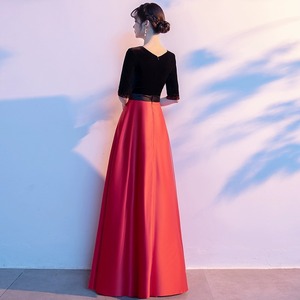 Modern Choir Performance Dress Women's Long Red V-neck Velvet Sheath Slim Fit Career Dress - Product Image 4