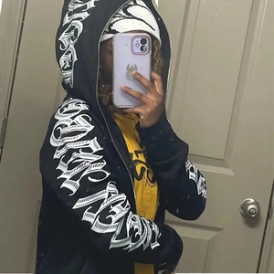 Sudadera con Capucha Unisex de Invierno, Estilo Urbano, Lavado Ácido, Estampada, Gruesa, Vintage, 100% Algodón, Diseño Asimétrico para Hombre - Product Image 1