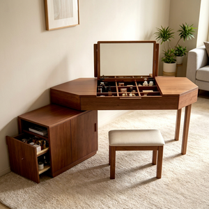 Solid Oak Makeup <b>Vanity</b> With Flip-Top <b>Mirror</b> And Storage Drawers For Bedroom Minimalist Design - Product Image 1