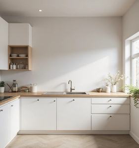 خزائن مطبخ حديثة بيضاء بتصميم شيكر، أثاث مسبق الصنع من خشب الصنوبر، تصميم جزيرة بطلاء اللكر، لوح ميلامين عالي اللمعان - Product Image 1