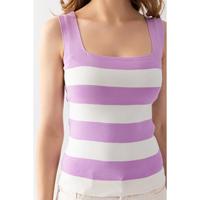 Camiseta sin mangas de punto a rayas con cuello cuadrado para mujer, informal, con rayas azules y blancas