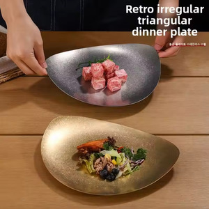Assiette à dîner de forme irrégulière en acier inoxydable 304 or rétro de luxe Assiette peu profonde de style industriel Assiette à gâteau salade coréenne Assiette à steak - Product Image 6