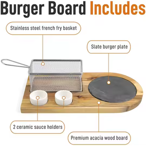 Aggiornato due ciotole di immersione in ceramica fritture in acciaio inossidabile cestello in ardesia liscia Acacia legno Burger piatto da portata per cucina - Product Image 5