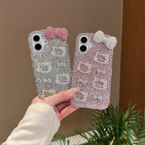 Nueva funda de teléfono móvil de lujo con diamantes de imitación y bonito lazo de gato para iPhone 17 Air 16 13 14 12 Pro Max 15 Plus DIY cubierta brillante de diamante completo - Product Image 1