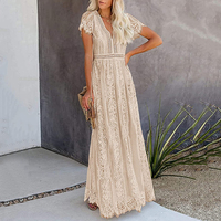 Robe longue maxi élégante formelle bohème en dentelle à manches courtes et col en V pour femmes, été, OEM