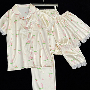 Pijamas <span class=keywords><strong>de</strong></span> <span class=keywords><strong>mujer</strong></span> <span class=keywords><strong>de</strong></span> seda helada <span class=keywords><strong>de</strong></span> primavera y verano, pantalones cortos <span class=keywords><strong>de</strong></span> manga corta, pantalones largos, <span class=keywords><strong>ropa</strong></span> <span class=keywords><strong>de</strong></span> casa, pijamas finos <span class=keywords><strong>de</strong></span> tres piezas - Product Image 4