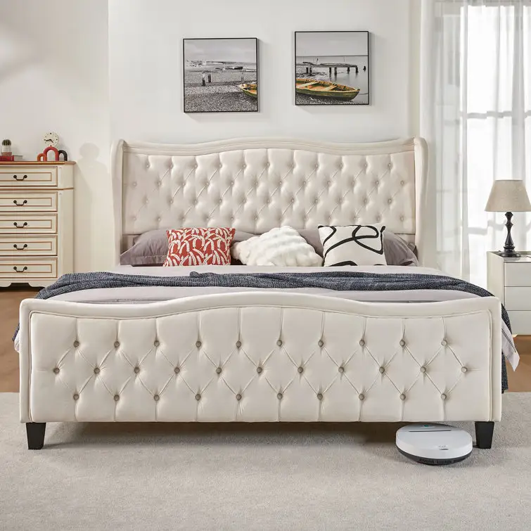 Kainice Luxo Branco Veludo Estofos Botão Profundo Cabeceira Para Camas Queen Shelter Side Ondulado Tufted Design Bed Frame