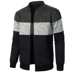 Neck Long Sleeve Grey Color Block Zip-Up Breathable Polyester/Cotton Motorcycle <b>Jacket</b> for Men - Product Image 1