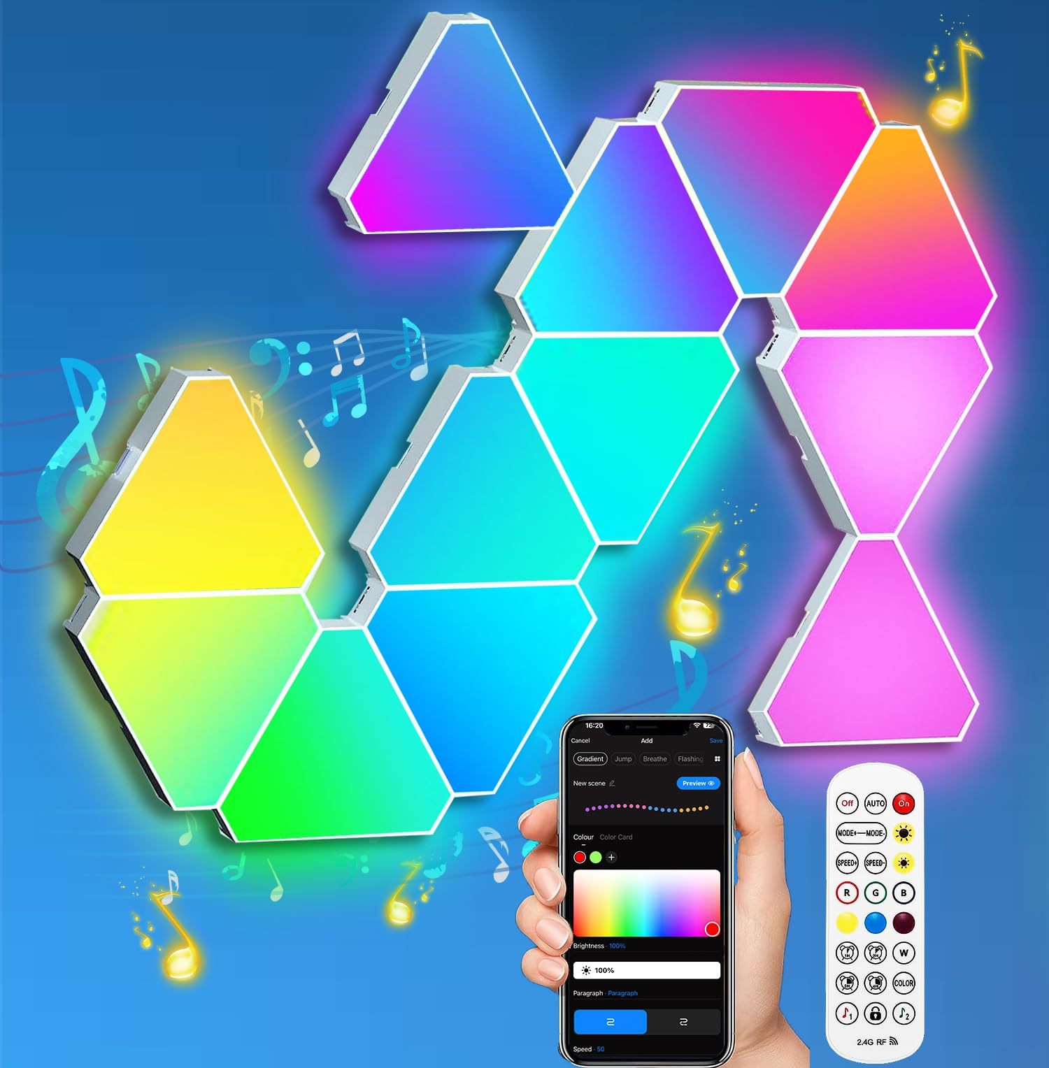 RGB Quantum Wall Panel Smart Triangular Nighttime Gaming LED Light App Remote Control Button Timer Function Light Body