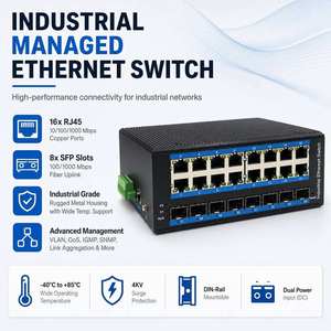 Switch Ethernet industriel géré 16 ports Gigabit 8 SFP, montage sur rail DIN, sans ventilateur, switch réseau L2, boîtier métallique, large plage de température - Product Image 1