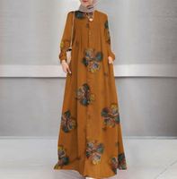 Femmes printemps nouveau coton et chanvre imprimé longue édition Abaya musulman grande taille ample décontracté rétro robe à manches longues