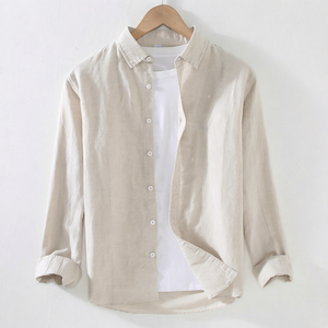 เสื้อเชิ้ตผ้าฝ้ายลินินผู้ชายแขนยาวติดกระดุมสวมใส่สบายๆ สีพื้น - Product Image 1