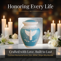 Venta al por mayor OEM ODM hecho a mano azul de porcelana Cineraria ataúd cerámica llorando bendición Ángel Memorial cremación ceniza urna para humanos