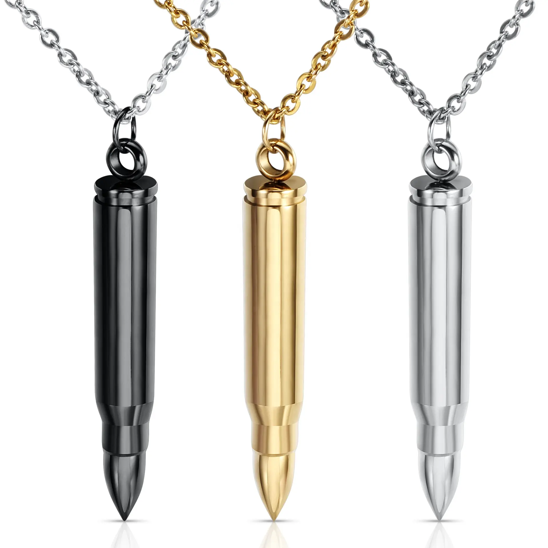 Fashion Street Hip Hop Design Silver Gold Plated Engraved Man Necklace Stainless Steel Bullet Pendant Necklace For Male Jewelry