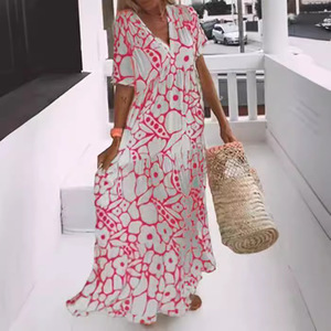 Vestido Largo Informal de Verano para Mujer, Talla Grande, con Estampado Geométrico, Cuello en V Profundo y Manga Corta, Dropshipping Shopify - Product Image 4