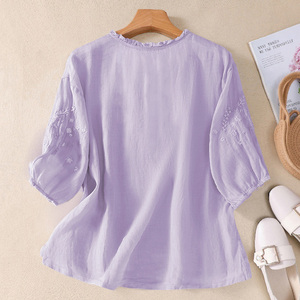 Blusa holgada bordada con lavanda, manga tres cuartos, cuello redondo, top floral elegante para mujer, camisa de primavera y verano - Product Image 6