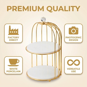 2 Tier <strong>Gold</strong> Birdcage Cake Stand with 8 Inch Porcelain Plates Factory Direct Luxury Dessert Server Bulk Discount - Product Image 2