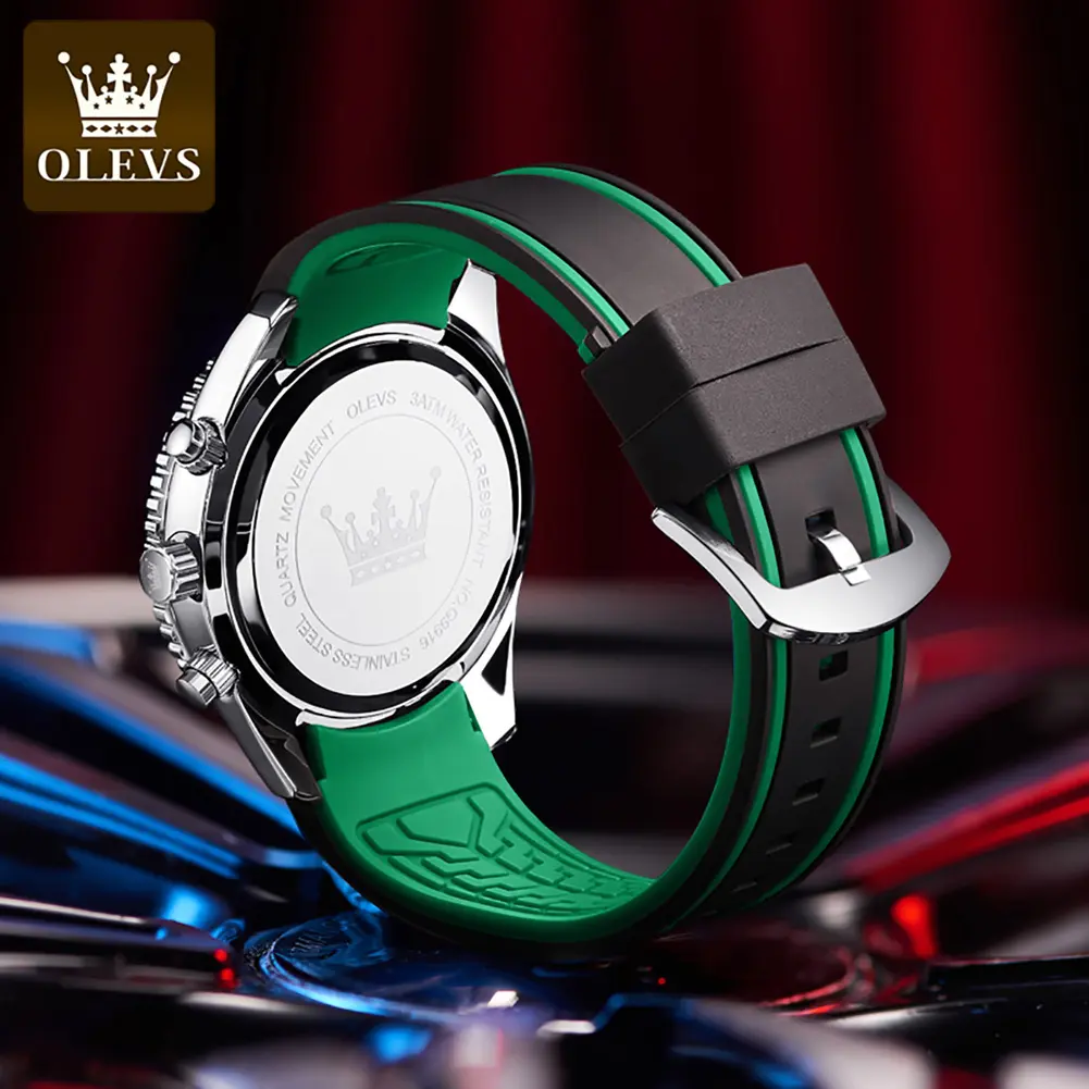 Olevs 9916 New Water Ghost Series Classic Green Dial Luxury Men Not Automatic Chronograph Rubber Strap Waterproof Quartz Watch