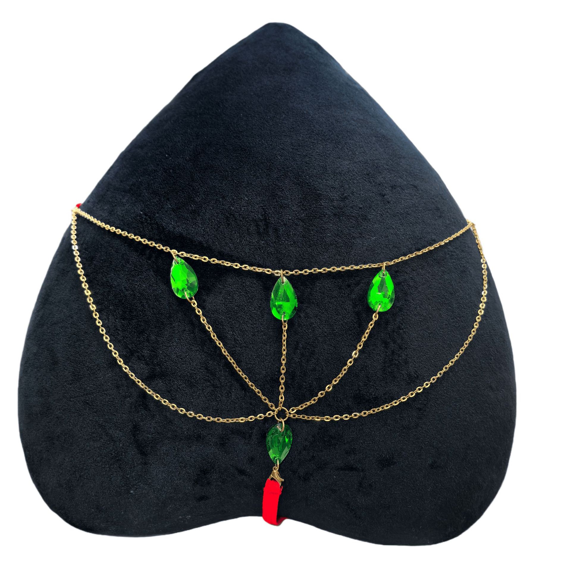 Mezza catena in pizzo nero-4 pietre verdi oro-9906