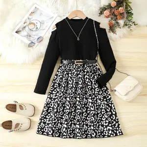 Fall Spring New Design Teen Girls Solid Long Top +Dress Kids Girl Boutique Clothing Set