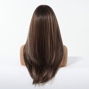 Venta al por mayor de pelucas rectas de longitud media con <span class=keywords><strong>flequillo</strong></span> marrón resaltado <span class=keywords><strong>Rubio</strong></span> peluca sintética resistente al calor pelo falso - Product Image 5