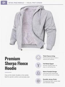 Premium fleece <b>lined</b> hoodie <b>Sherpa</b> lining zip up hoodie Winter streetwear for men Relaxed fit heather gray hoodie - Product Image 3
