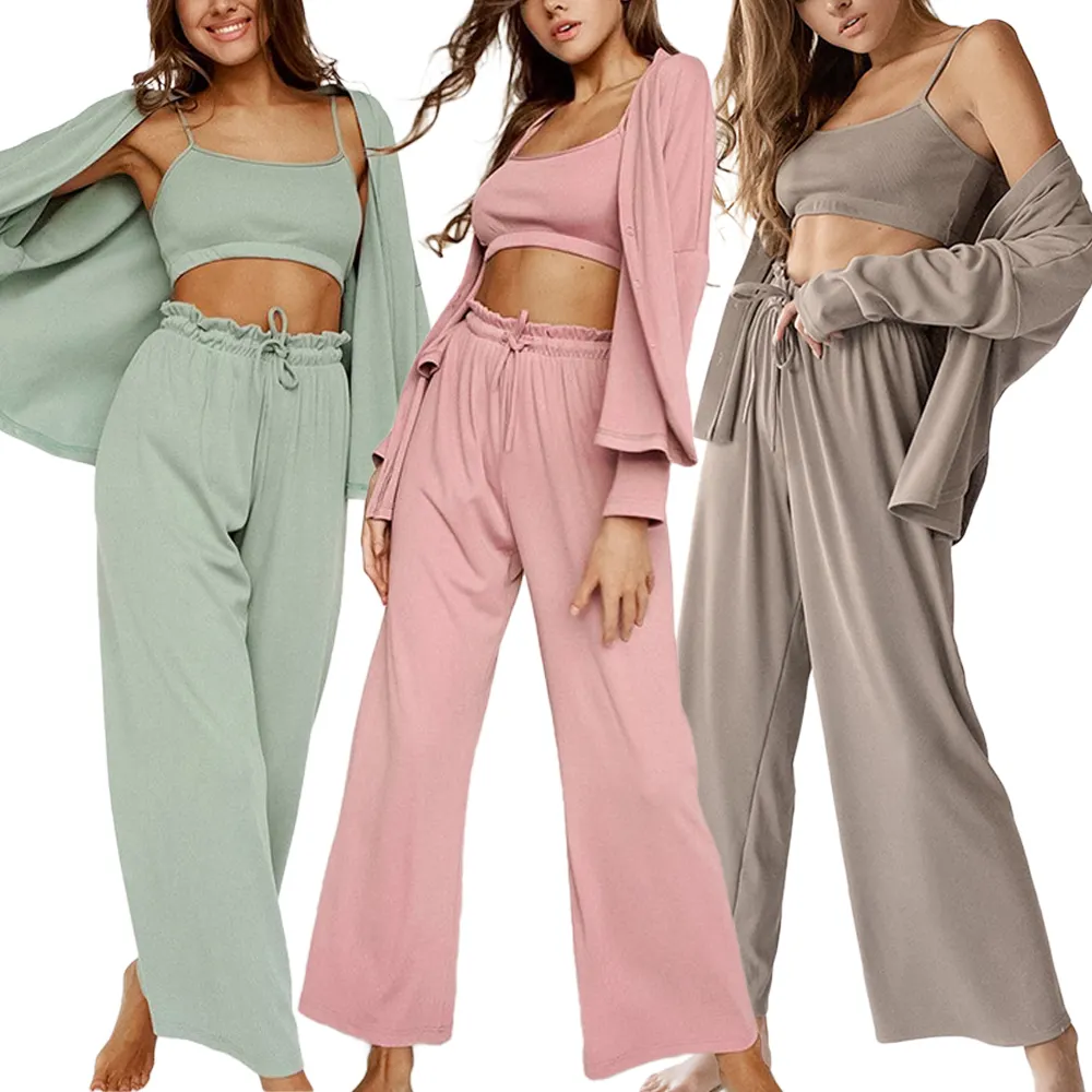 Women Lingerie Ice Silk Pajamas Trousers Robe 3 Pieces Set Ribbed Loungewear Set Women