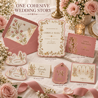 Ensemble d'invitations de mariage vintage rose poudré avec bordure florale dorée, impression personnalisée, kit de papeterie de mariage de luxe avec étiquettes