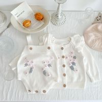Romper Rajut Bayi Perempuan Musim Semi dan Gugur, Setelan Baju Bayi Lucu Bermotif Bunga, Pakaian Bayi Katun
