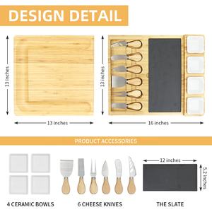 Vente en gros de couteaux de planche à fromage en bambou, plateau et plateau pour aliments cuits avec couteaux en acier inoxydable et 4 bols en céramique pour mariage - Product Image 5
