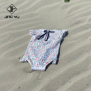 Maillot de bain une pièce à imprimé floral de haute qualité, manches à volants, à nouer, sur mesure, en nylon recyclé, pour filles - Product Image 1