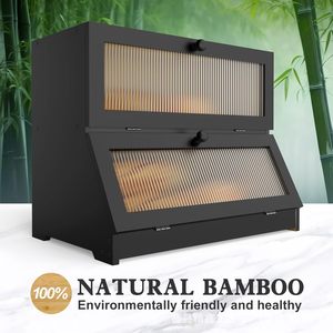 Boîte à pain en bois massif à double couche Jingxin, couleur naturelle, rangement anti-poussière pour la cuisine avec porte en verre - Product Image 2
