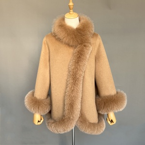 Winter Kasjmier Poncho Met Echte Vossenbont Kraag Manchetten Vrouwen Wollen Jas Bont <span class=keywords><strong>Cape</strong></span> Voor Dames - Product Image 4